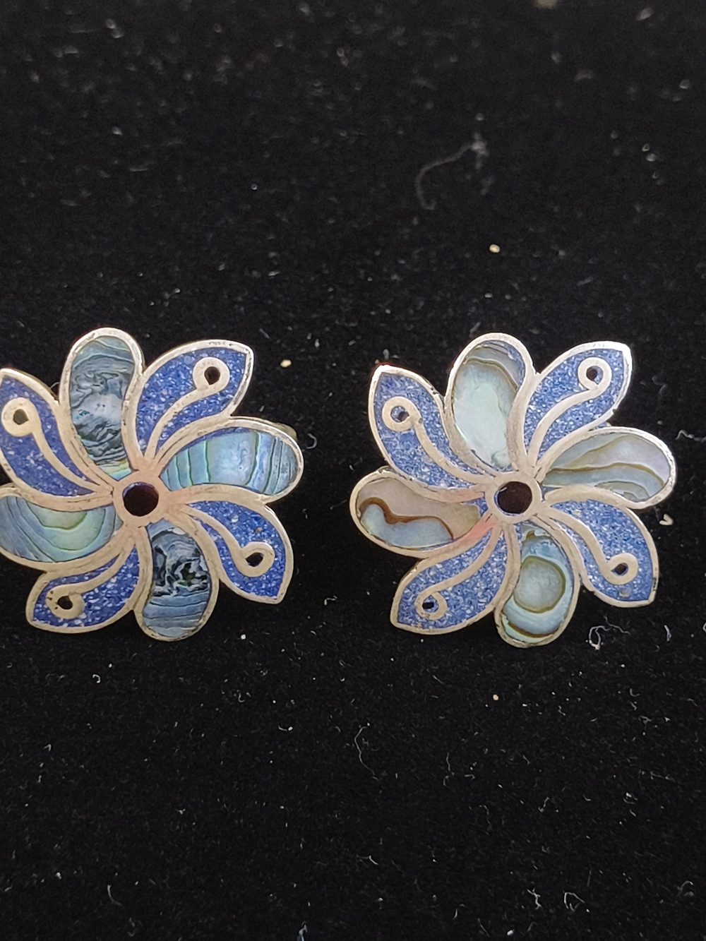 VTG Taxco Mexico 925 Sterling Silver Abalone Lapis Flower Earrings Screwback